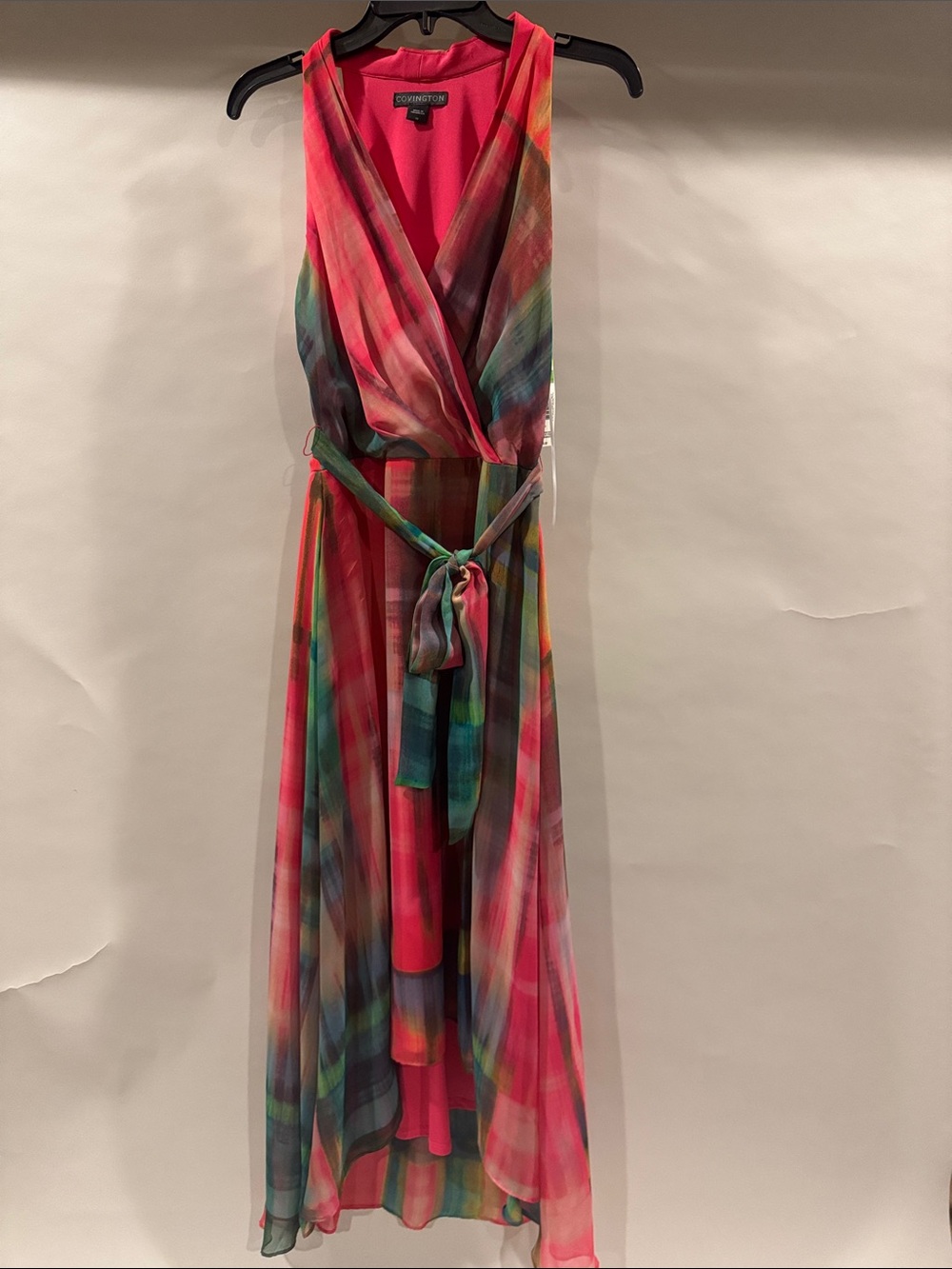 Covington Pink Multi-Stripe Sleeveless Wrap Maxi High-Low Dress